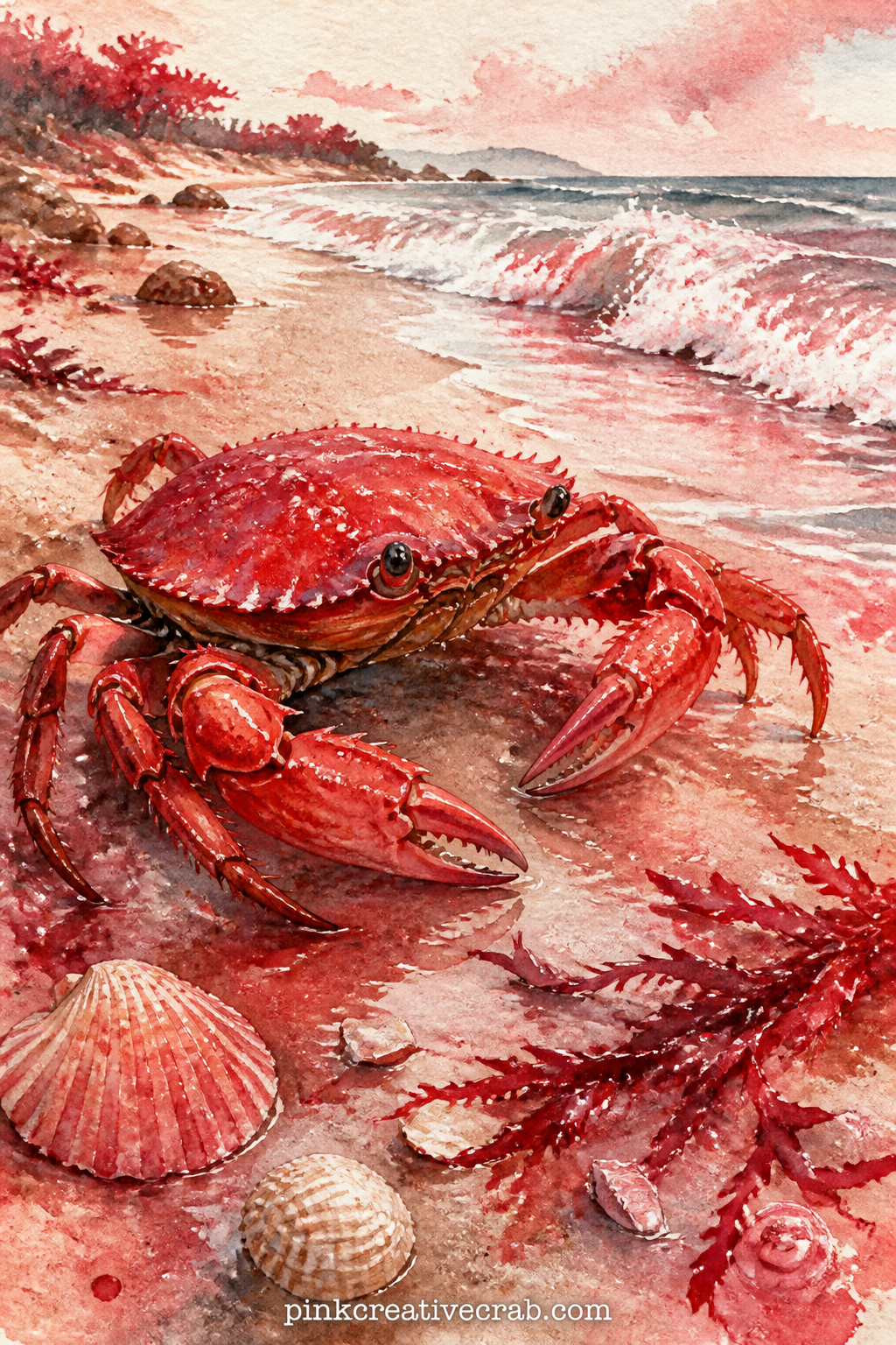 Red Crab on a Sunny Shore printable page — Tear the edge of this page roughly before gluing it in, so the shoreline looks like it was pulled straight off the