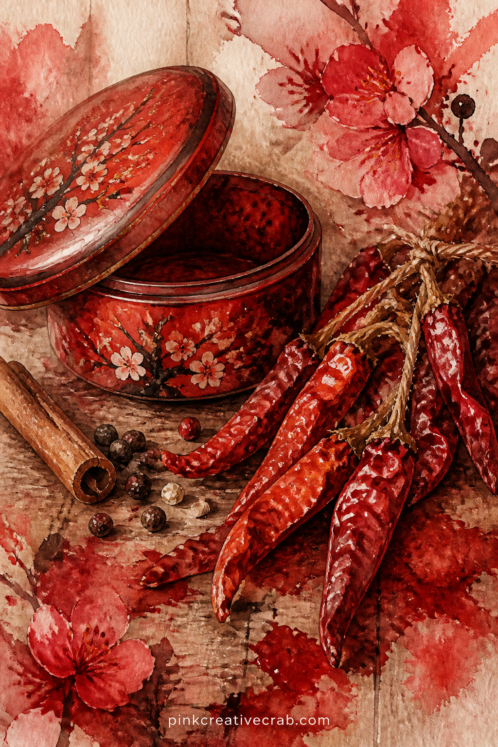 Red Lacquer Box and Dried Chilies printable page — Window this page by cutting a small flap into a facing sheet, so the chilies peek through from the page