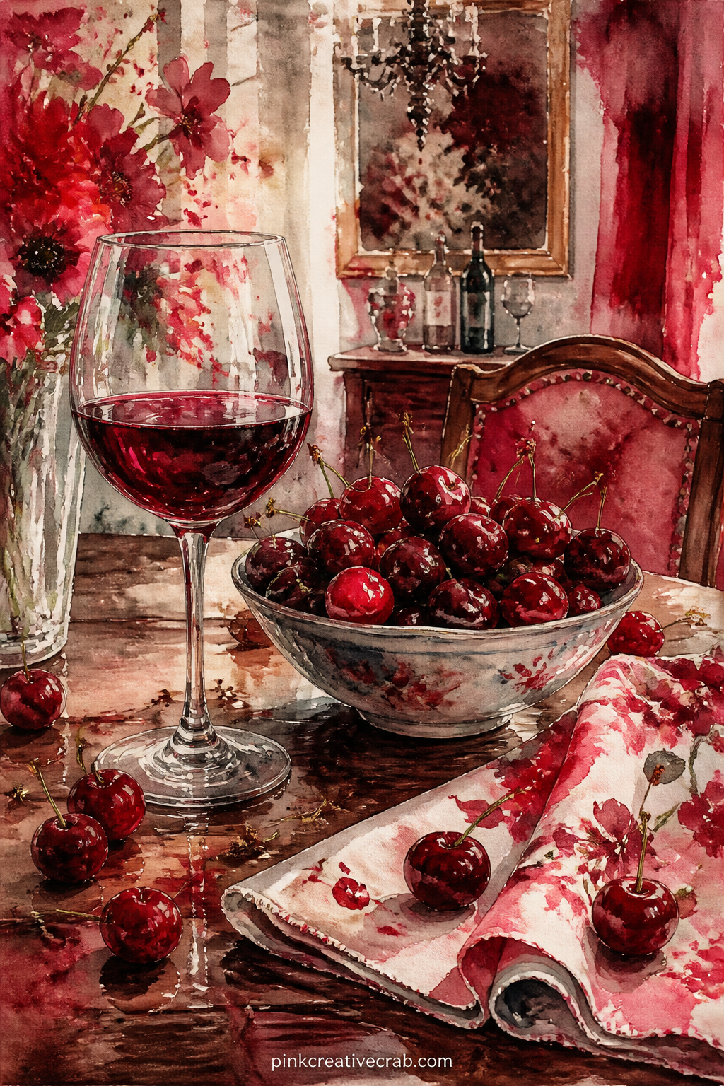 Red Wine and Cherries on a Table printable page — A glass of red wine stands beside a small bowl of fresh cherries, with a folded napkin and a few loose cherry