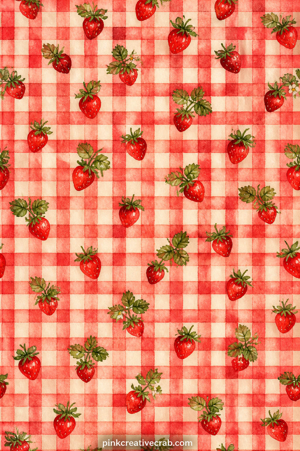 Red Gingham and Strawberries Pattern printable page — Use this one under a strawberry-patch photo, as a backing sheet behind the harvest pages, or as a quiet
