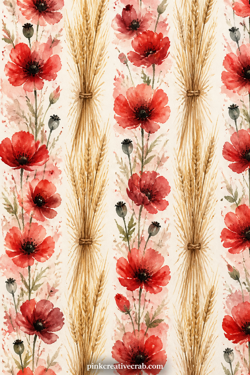 Poppy and Wheat Stripe Pattern printable page — Works well under a garden photo, as a lining behind the poppy field scene, or cut into a narrow strip for a