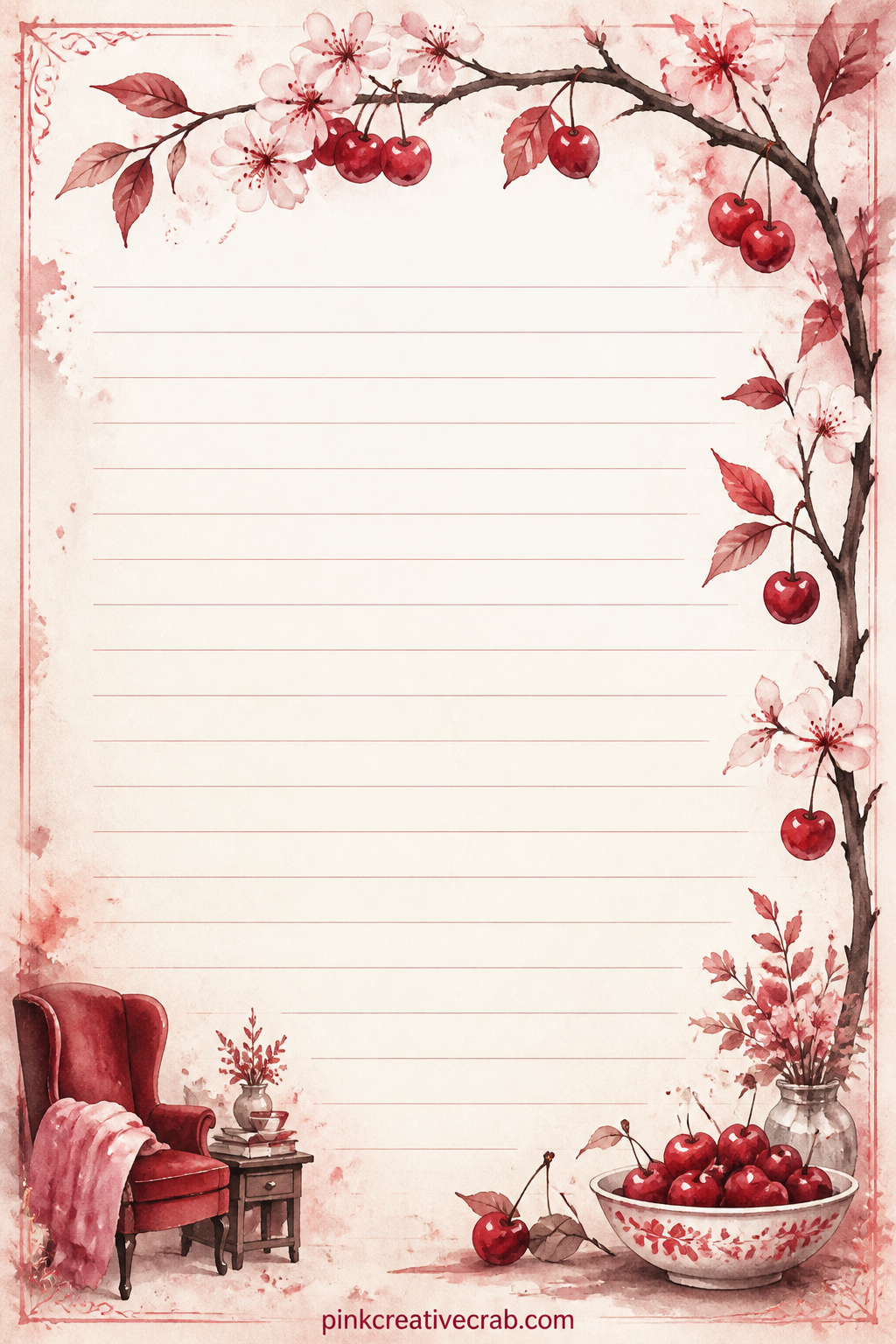 Cherry Branch Lined Page printable page — Write a short wish list, a cherry pie recipe, or a note to read again next harvest season, inside the ruled lines