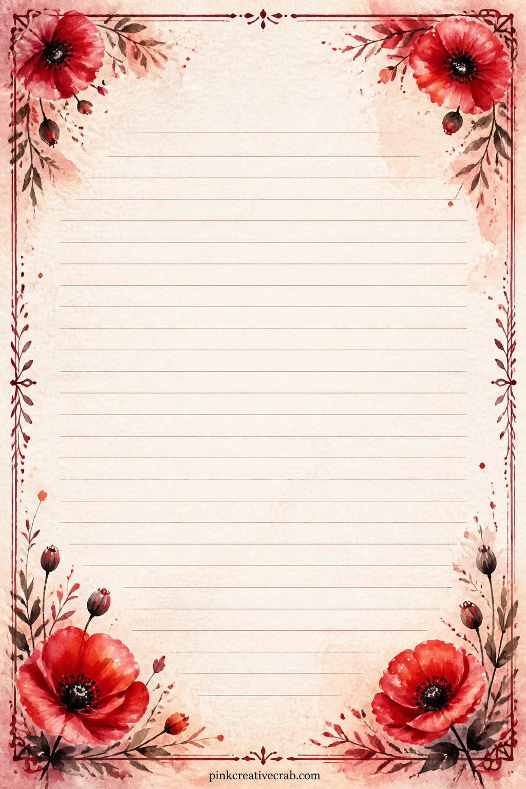 Poppy Corner Lined Page printable page — Good for a garden journal entry, a packing list for a spring trip, or a letter to next year's self about what grew