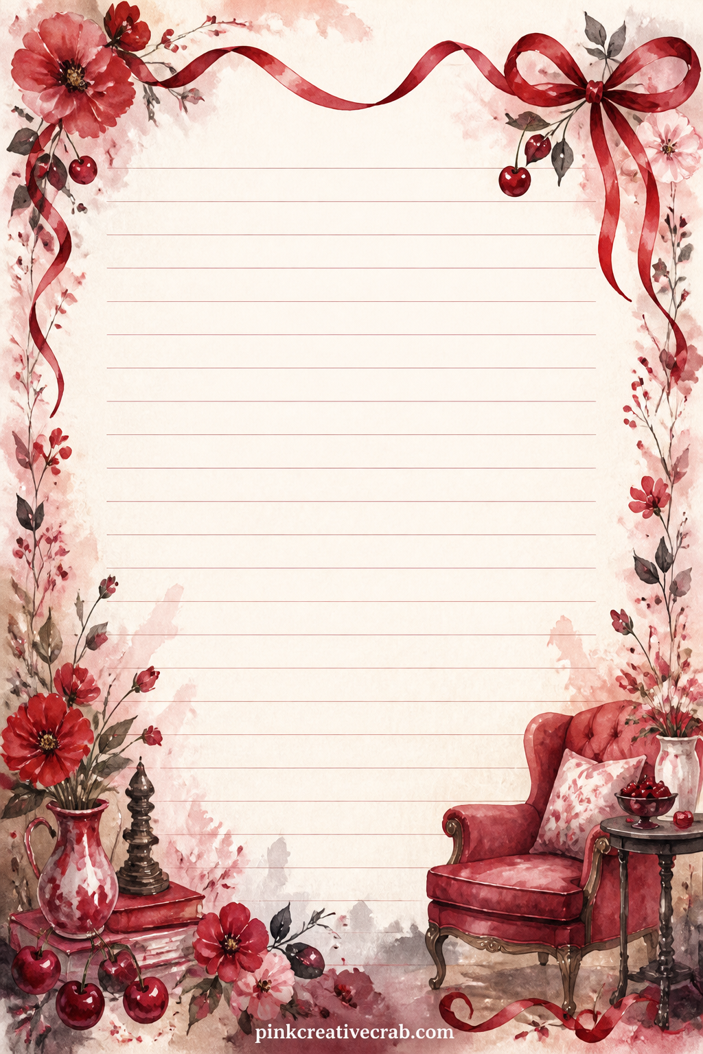 Red Ribbon Border Lined Page printable page — Suits a birthday wish list, a gift log, or a short letter tucked beside a page from your birthday junk journal if