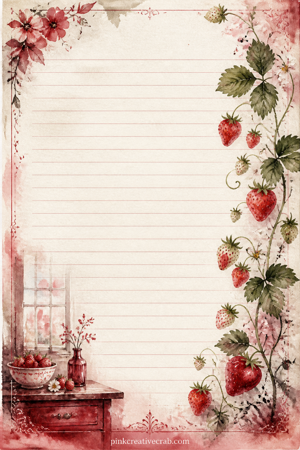 Strawberry Vine Lined Page printable page — Write a kitchen memory, a jam recipe, or a short note about the last time you picked strawberries with someone you