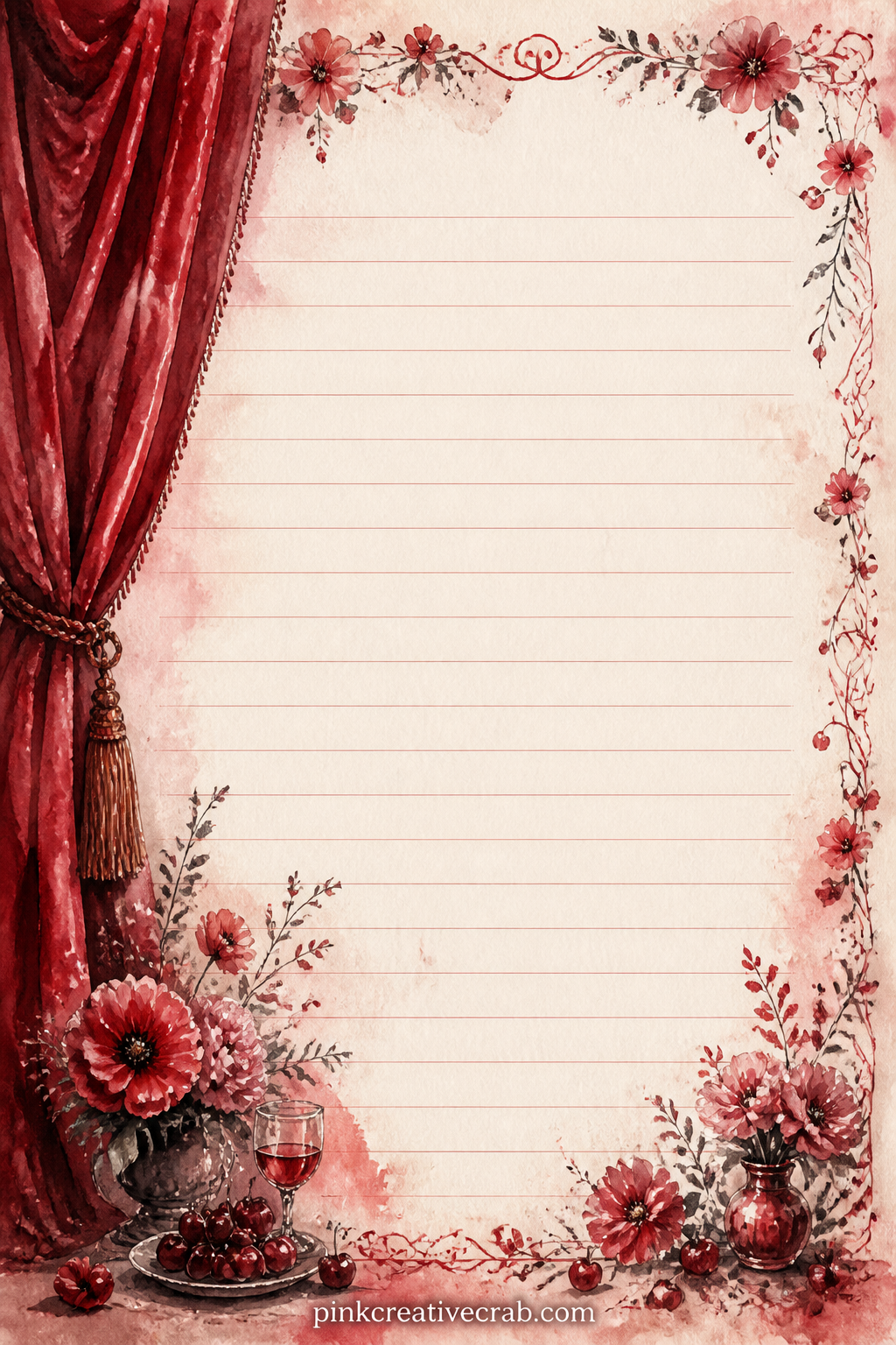 Velvet Curtain Band Lined Page printable page — A band of velvet curtain folds runs down the left edge of the page, leaving the rest of the sheet ruled and