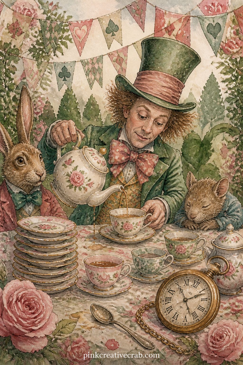 The Hatter Pouring Tea printable page — Before gluing this one in, tuck a scrap of real tea-stained paper behind it so a hint of brown shows through the torn