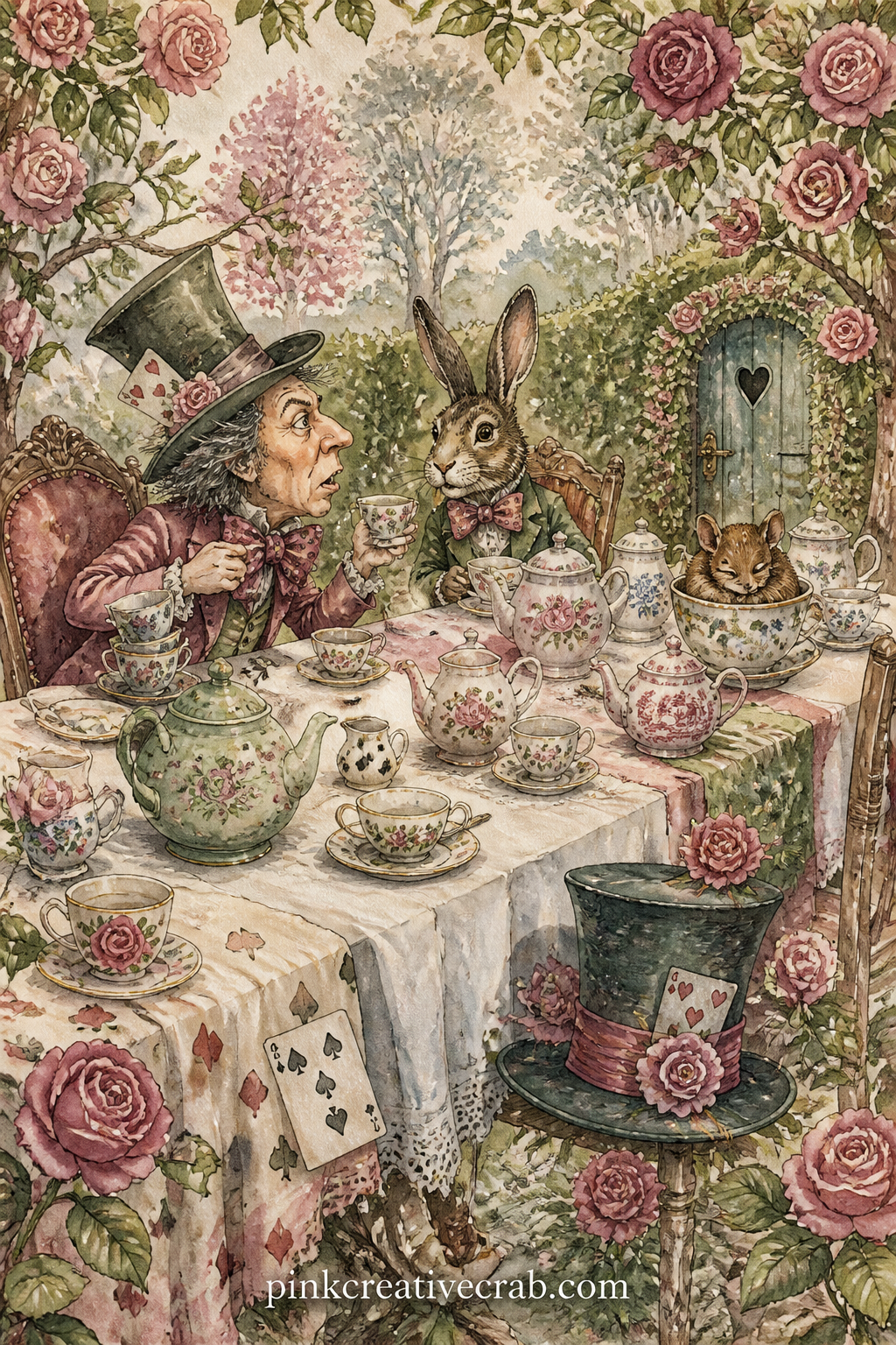 Mad Tea Party In The Garden printable page — Long table set under a garden tree, teapots, a stack of cups, scattered biscuits, the Hatter's hat and the
