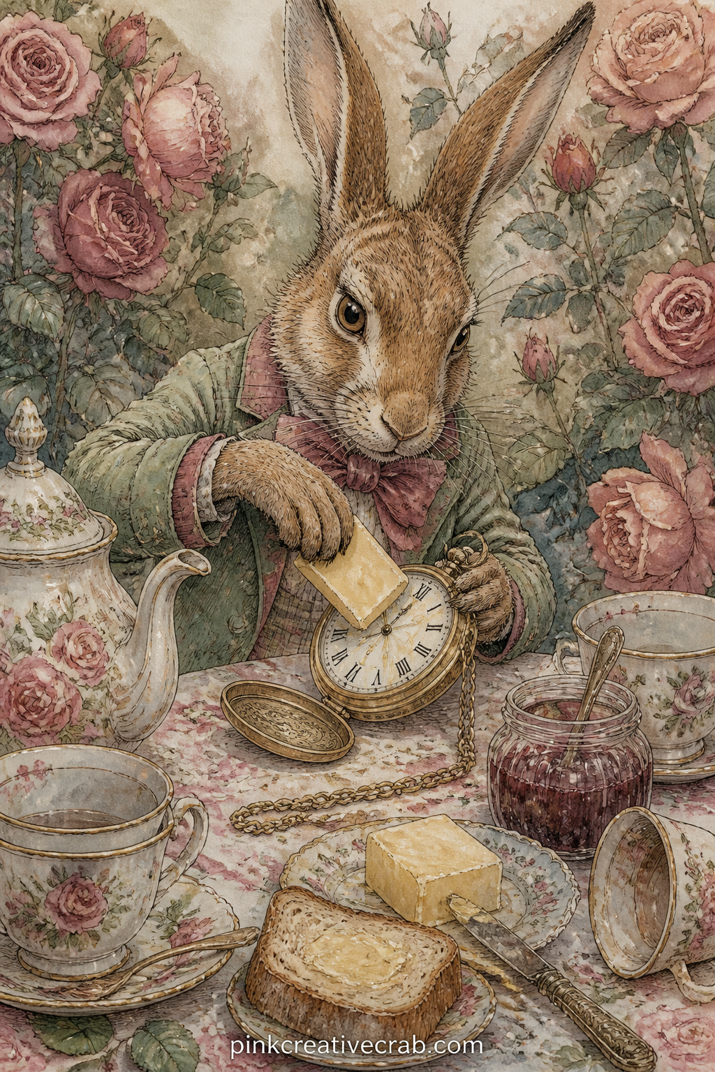 The March Hare With Butter And Watch printable page — March Hare dips the pocket watch in butter while teapots, bread and a jam pot crowd the table around him