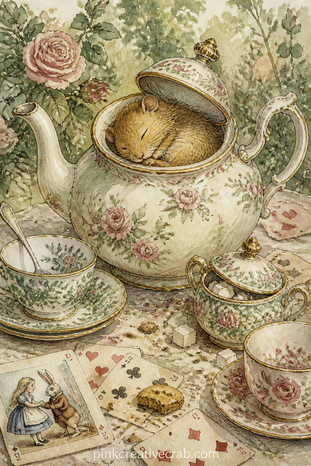 The Dormouse Asleep In The Teapot printable page — Pair this page with the Teacups and Keys pattern later in the set: lay the pattern page underneath as a