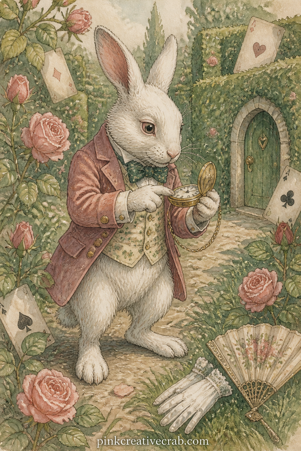 The White Rabbit Checking His Watch printable page — White Rabbit pauses mid-dash on a garden path, waistcoat buttons straining, pocket watch open in one paw