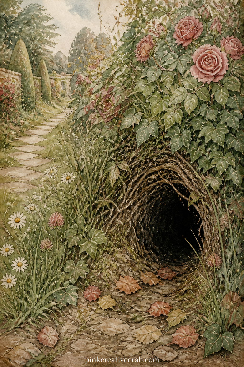 The Rabbit's Hole In The Hedge printable page — A common slip here is painting the hole as a flat black circle, which flattens the whole page. Alice in