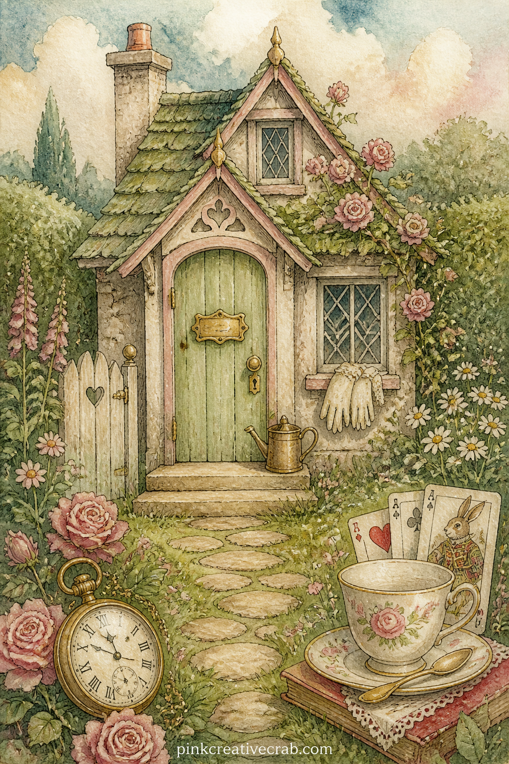 The Rabbit's Tidy Little House printable page — Small cottage with a brass nameplate reading W. Alice in wonderland junk journal pages