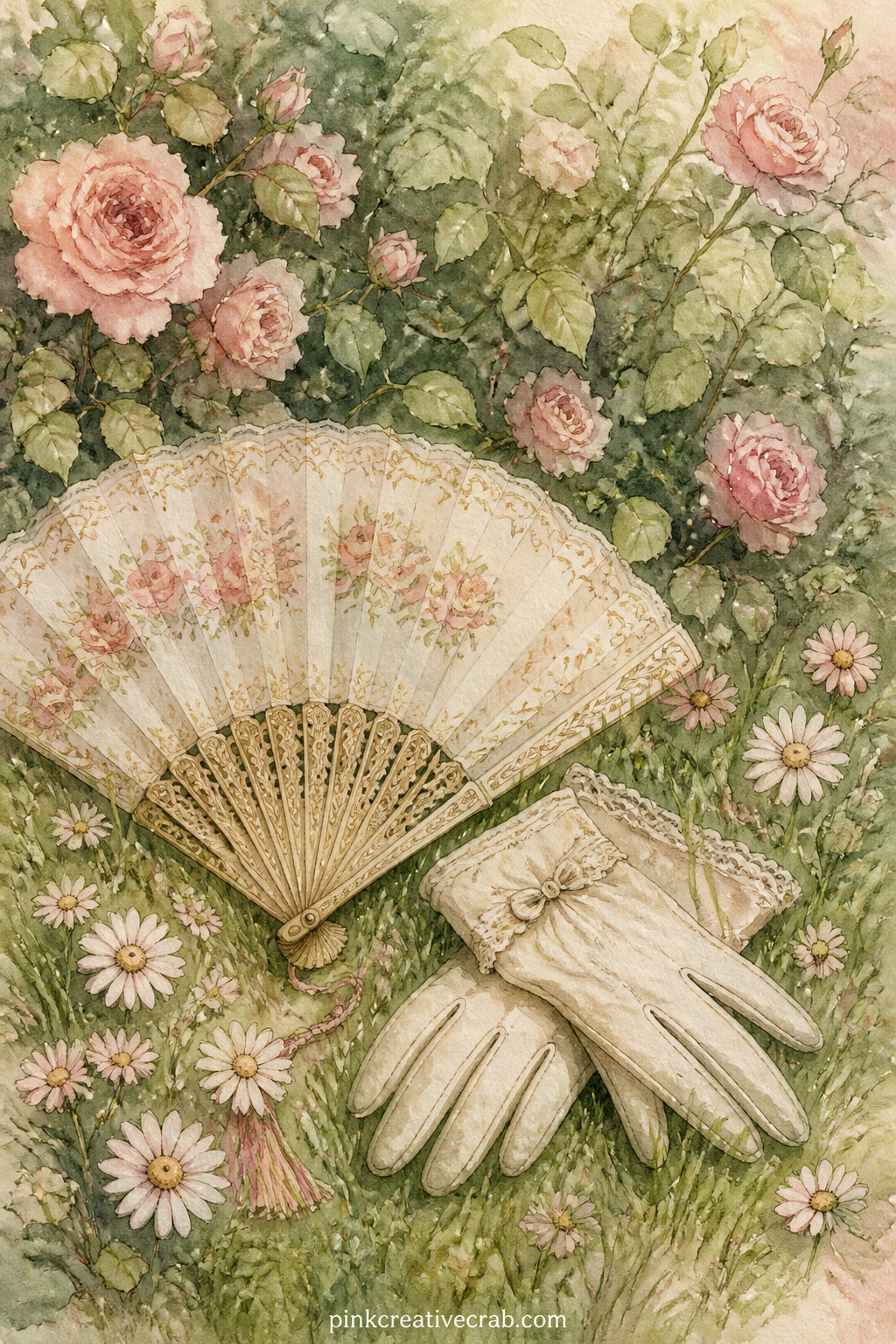 Fan And Gloves Left Behind printable page — Good page for a journaler working through an older relative's keepsakes, since the dropped fan and gloves read