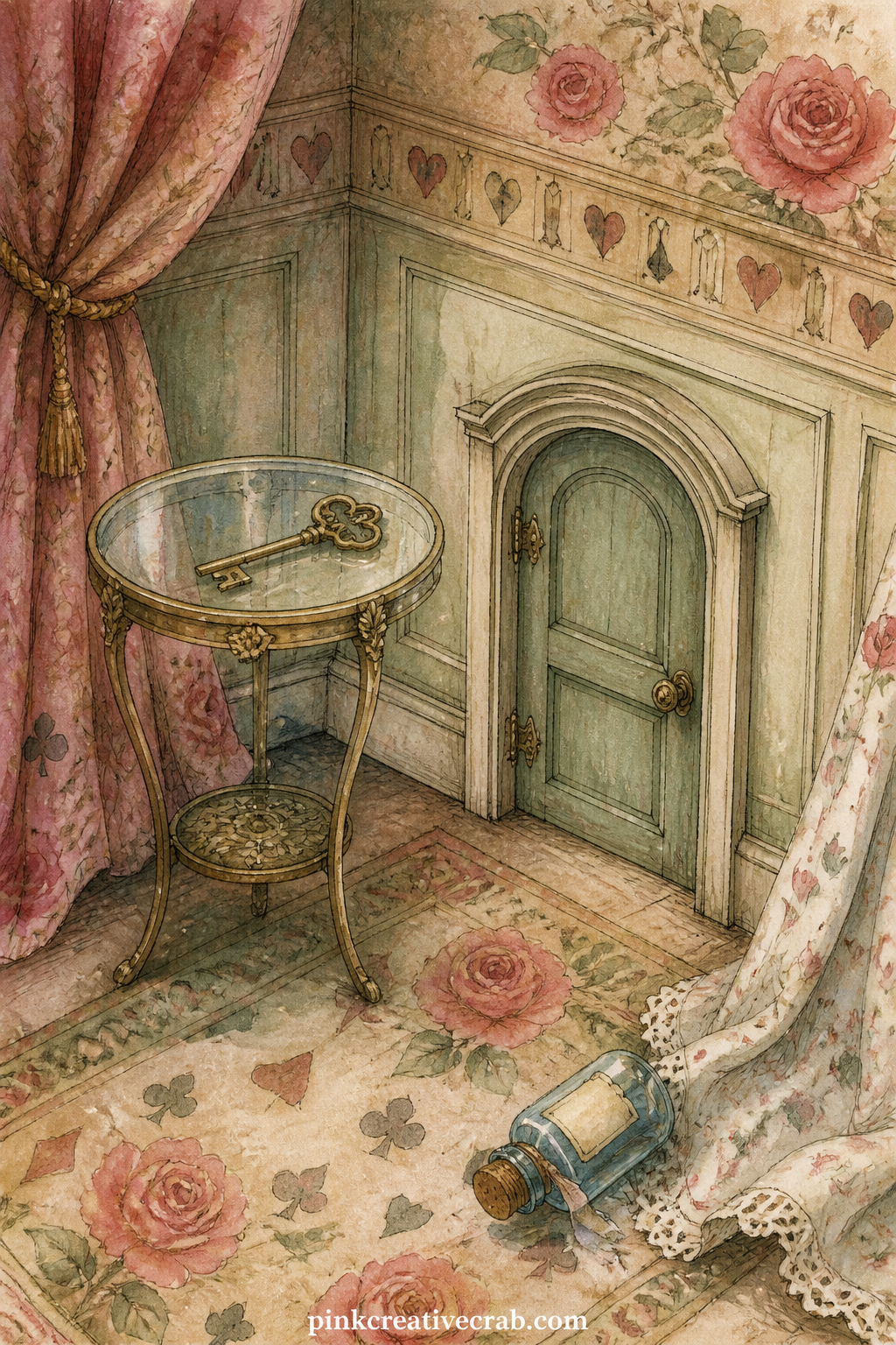 The Door Too Small To Walk Through printable page — Tiny painted door set low in a paneled hall wall, glass table beside it holding the golden key, curtain and