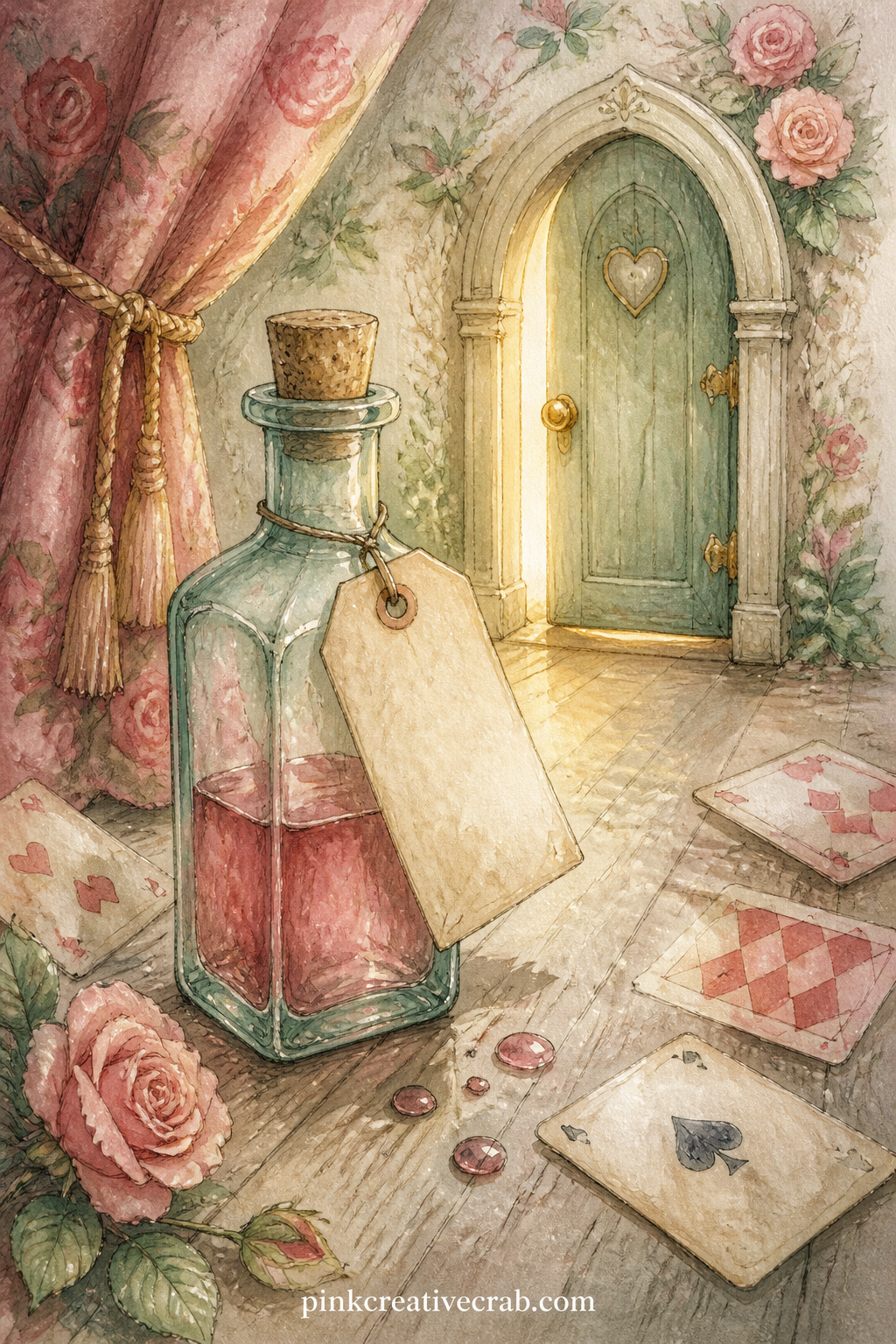 The Bottle Marked Drink Me printable page — Glass bottle with a paper label reading DRINK ME sits on the hallway floor beside the curtain, a few drops spilled