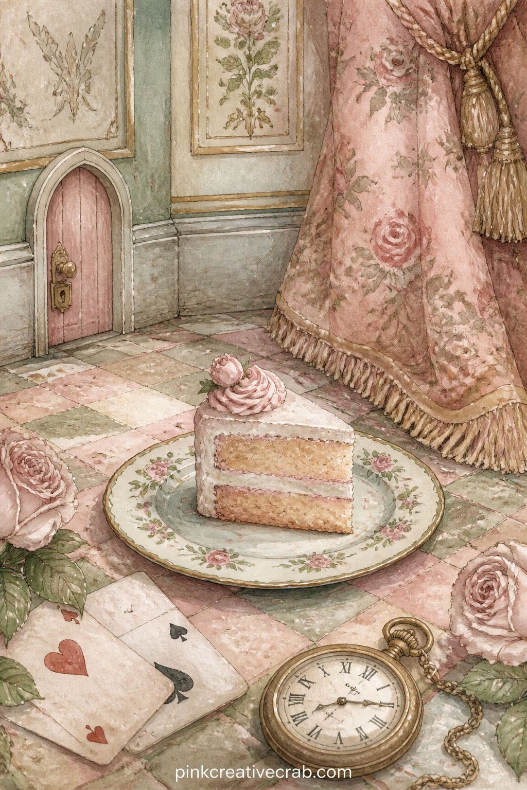 The Cake Marked Eat Me printable page — The usual mistake is painting the cake too large, which crowds out the room around it. Alice in wonderland junk journal