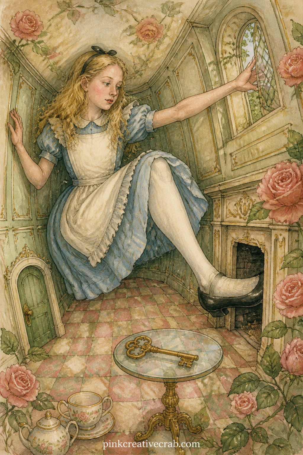 Alice Grown Too Tall For The Hall printable page — Alice's arm reaches out of a window while her foot rests in the fireplace, the small hallway bent oddly