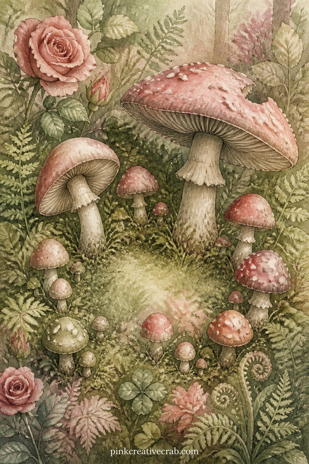 Mushrooms That Change Your Size printable page — Ring of mushrooms of different sizes grows in dappled grass, one nibbled edge on the largest cap, with ferns