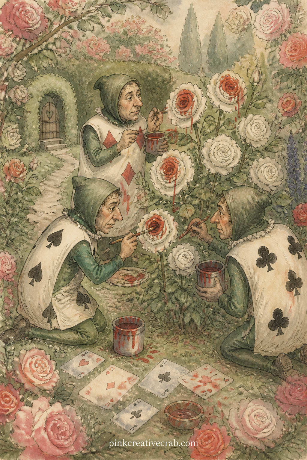 Card Gardeners Painting The Roses Red printable page — Three playing-card gardeners kneel at a white rose bush with pots of red paint and brushes, dropped