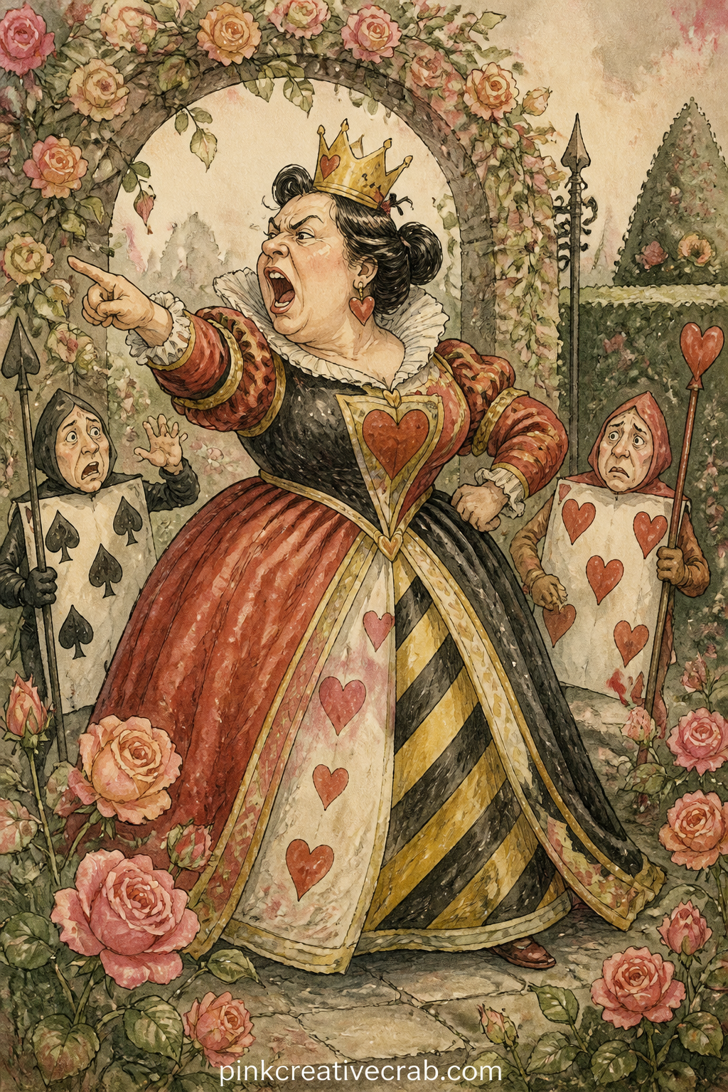 The Queen Of Hearts Shouting Off With Her Head printable page — Queen of Hearts stands mid-shout in a garden archway, crown slightly crooked, pointing finger