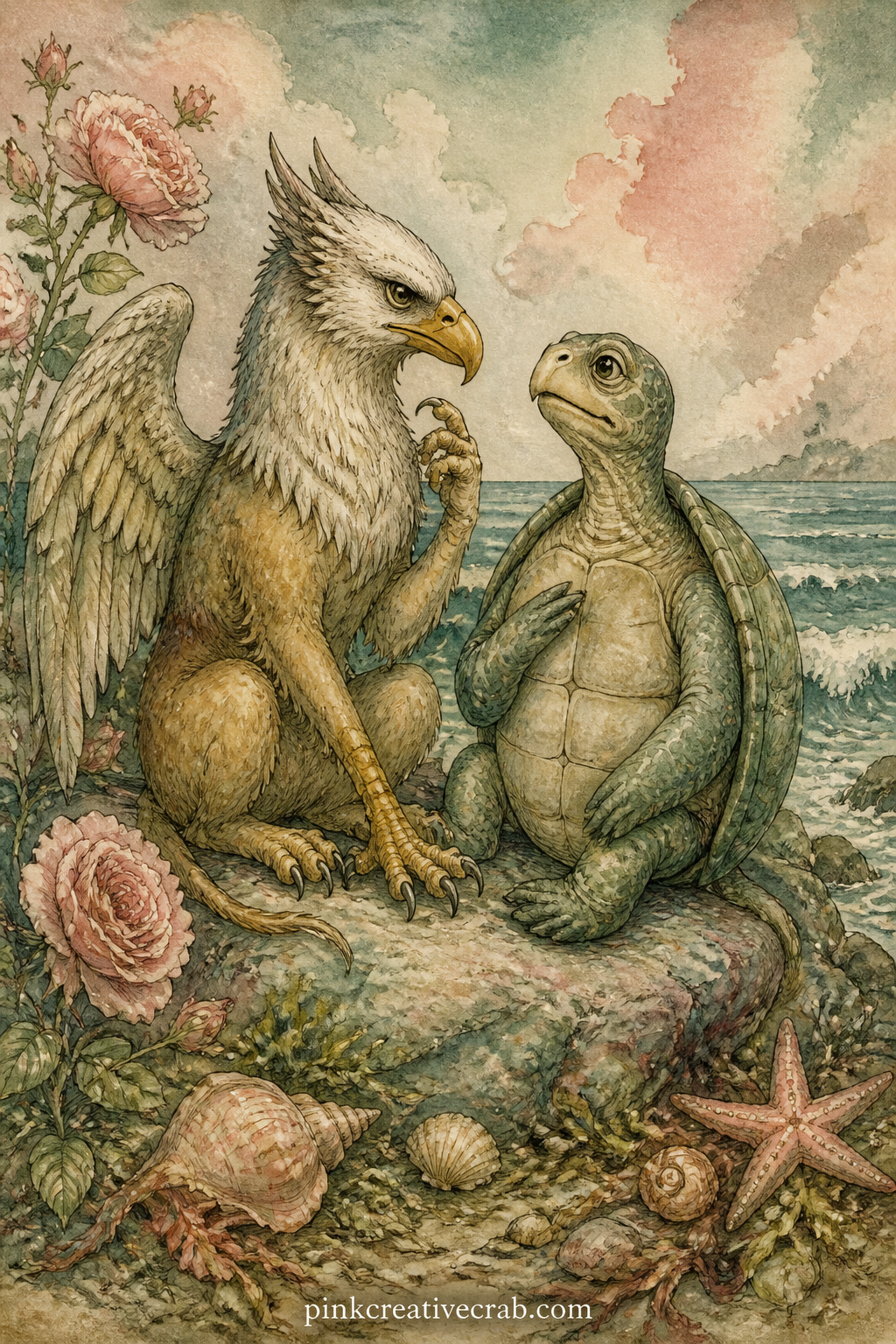 The Gryphon And The Mock Turtle printable page — Gryphon and Mock Turtle sit together on a rock by the sea, the turtle mid-sigh, a few shells and seaweed