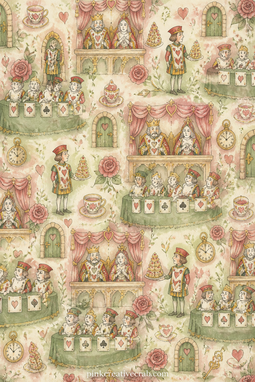 The Knave Of Hearts On Trial printable page — Knave of Hearts stands before a long table of jurors and a stack of tarts as evidence, the King and Queen seated