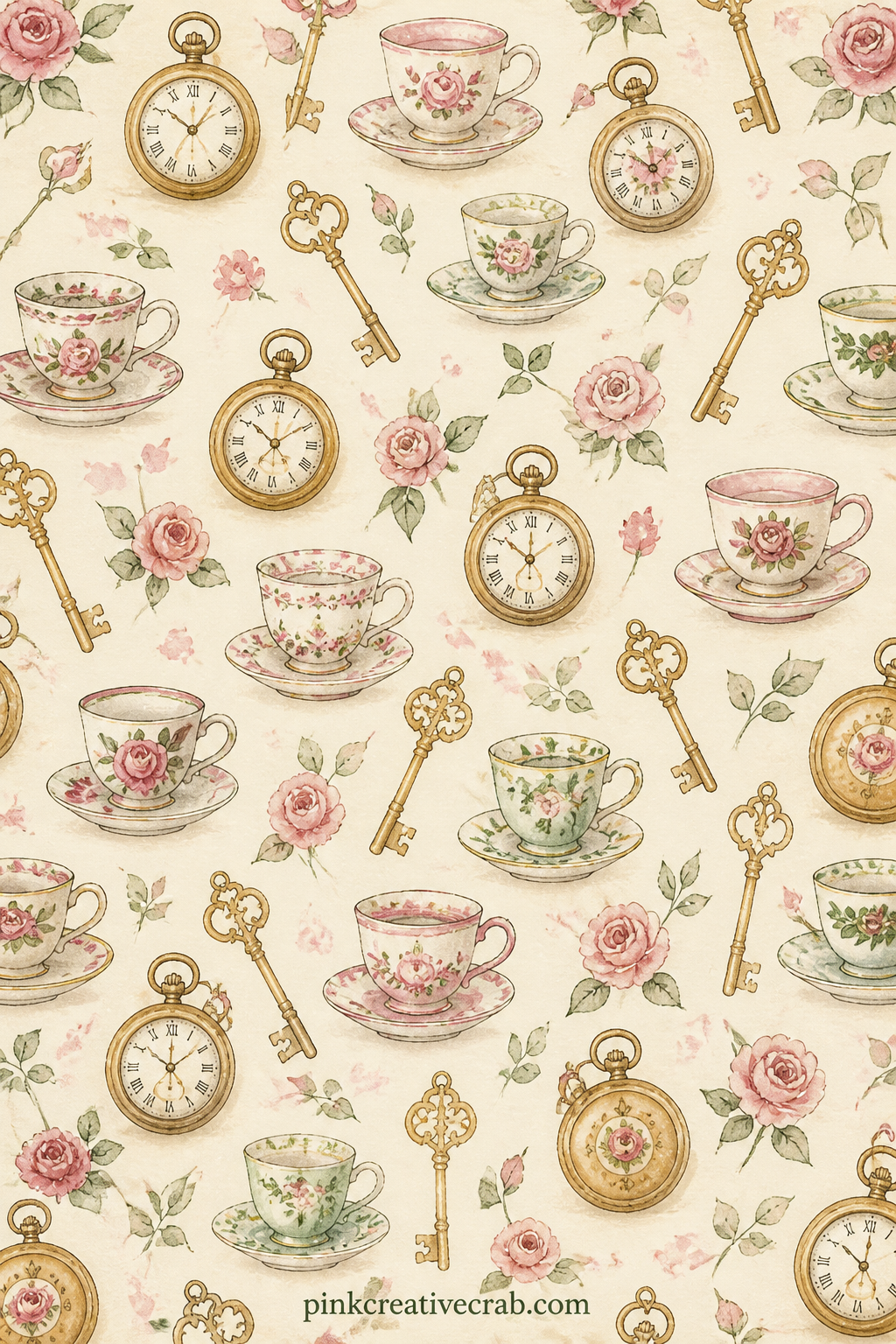 Teacups And Keys Pattern printable page — Small teacups, golden keys and pocket watches scatter in tidy rows across dusty rose and cream, perfect under a tea