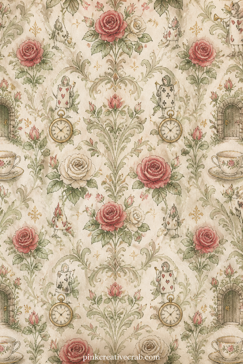 Rose Garden Damask Pattern printable page — Red and white roses alternate in a soft damask repeat across sage green, a good match behind a pressed flower, as a