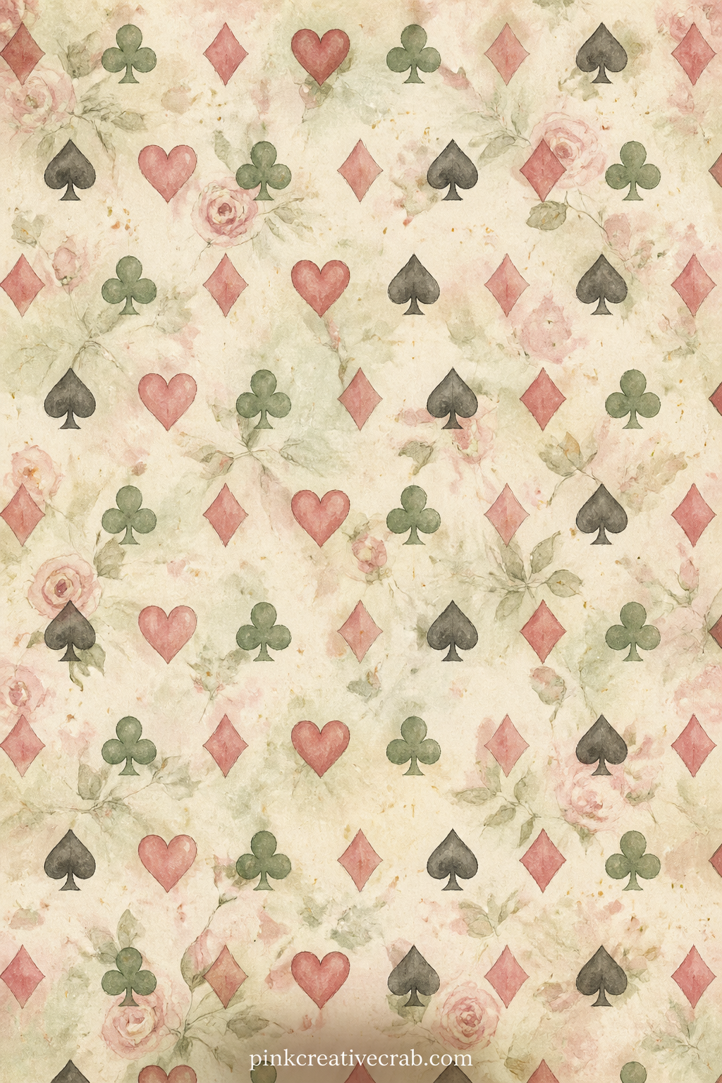 Playing Card Suits Background Paper printable page — Hearts, clubs, spades and diamonds repeat in faded gold and dusty rose, suited to backing the Queen of