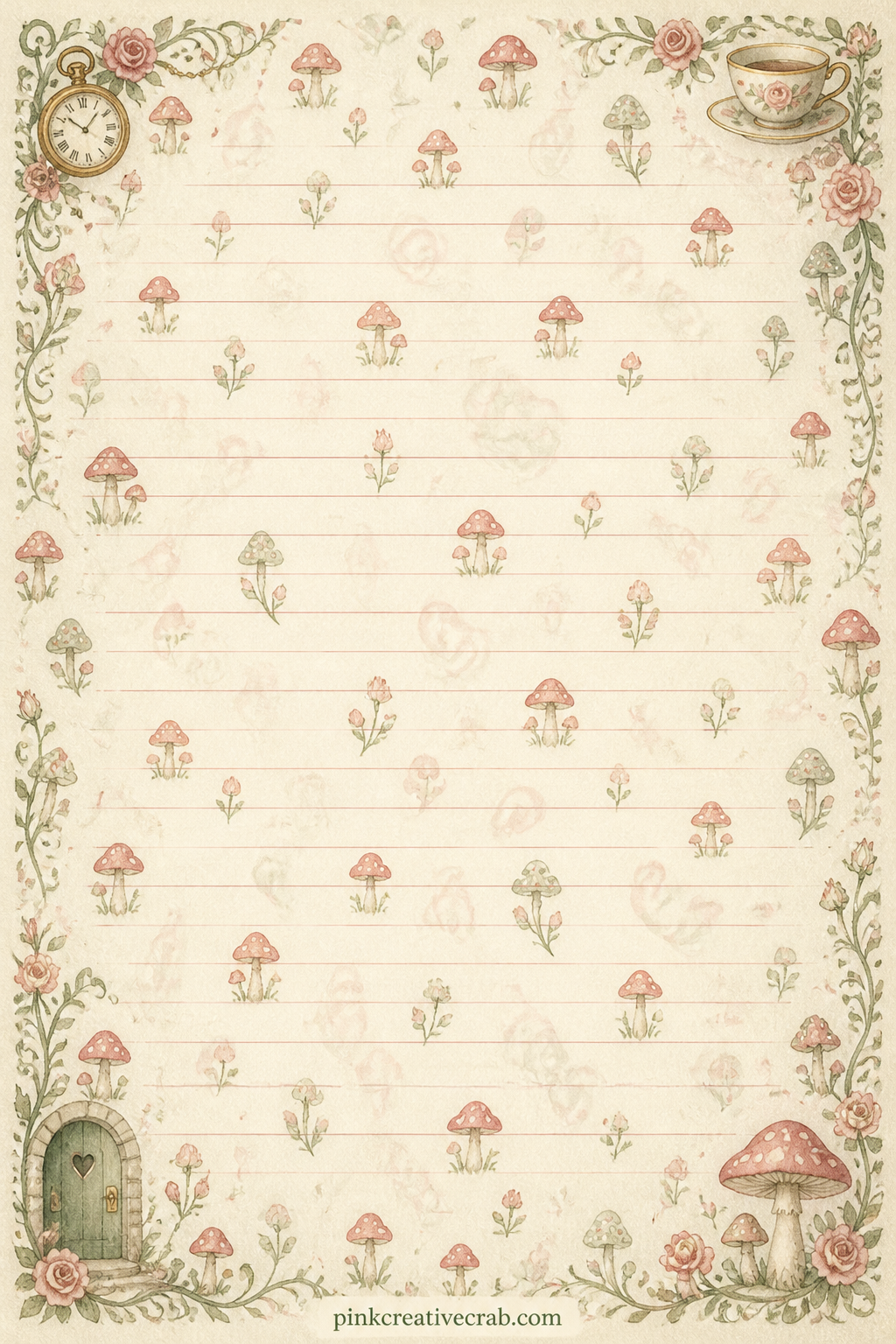 Mushroom And Toadstool Pattern printable page — Tiny mushrooms and curling smoke repeat over soft sage, well suited under a woodland photo, as a lining behind