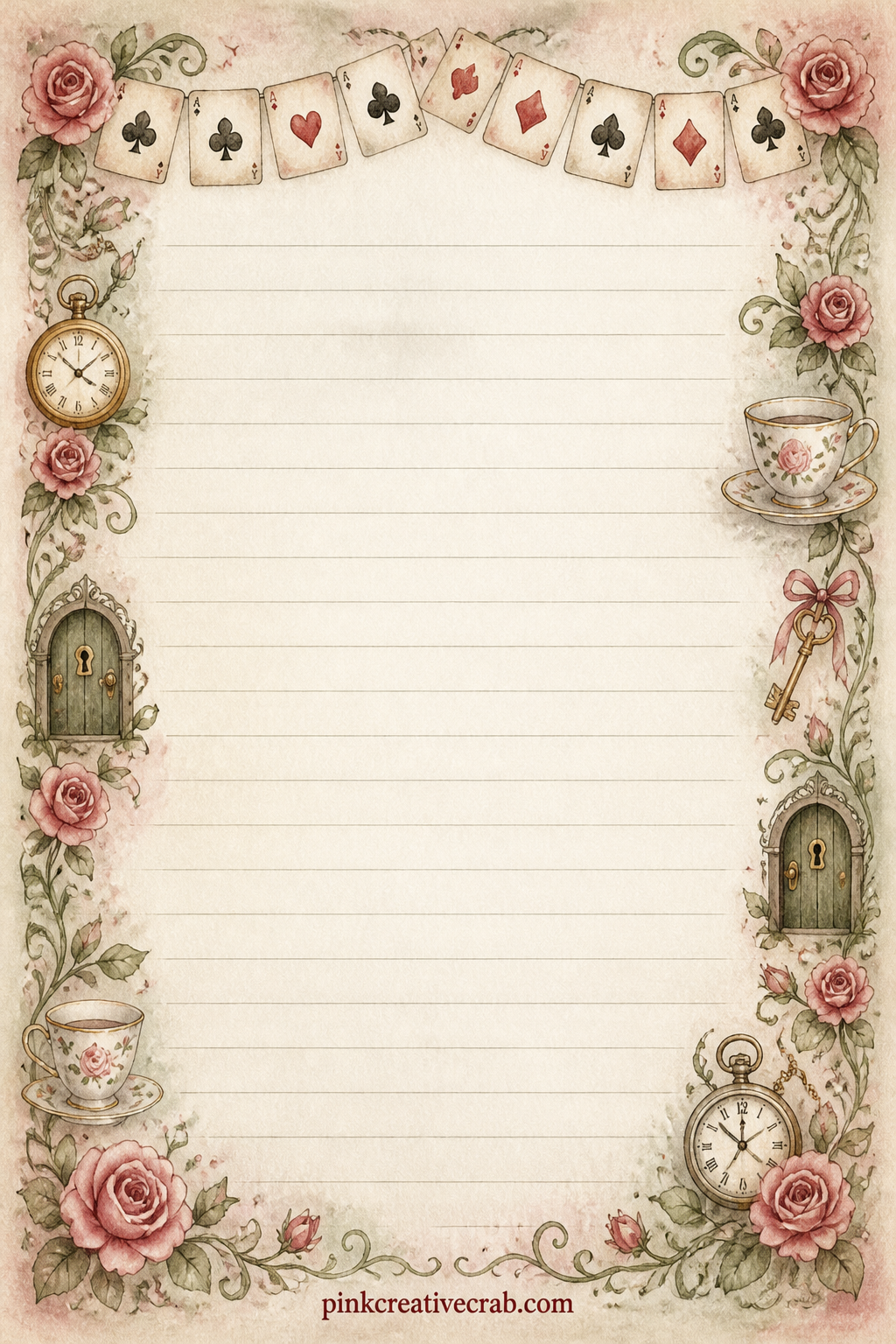 Dear Wonderland Lined Page printable page — Border of tiny playing cards along the top edge frames space for a letter to your own stranger year, a line from