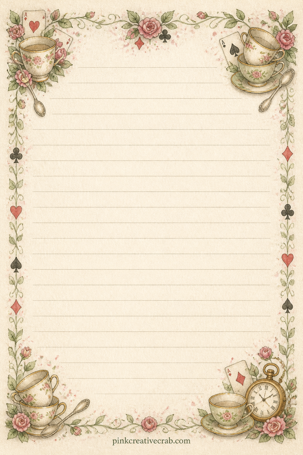 Tea Party Guest List Lined Page printable page — Corner sprays of teacups and spoons leave the middle open for a real guest list, a menu for an afternoon tea