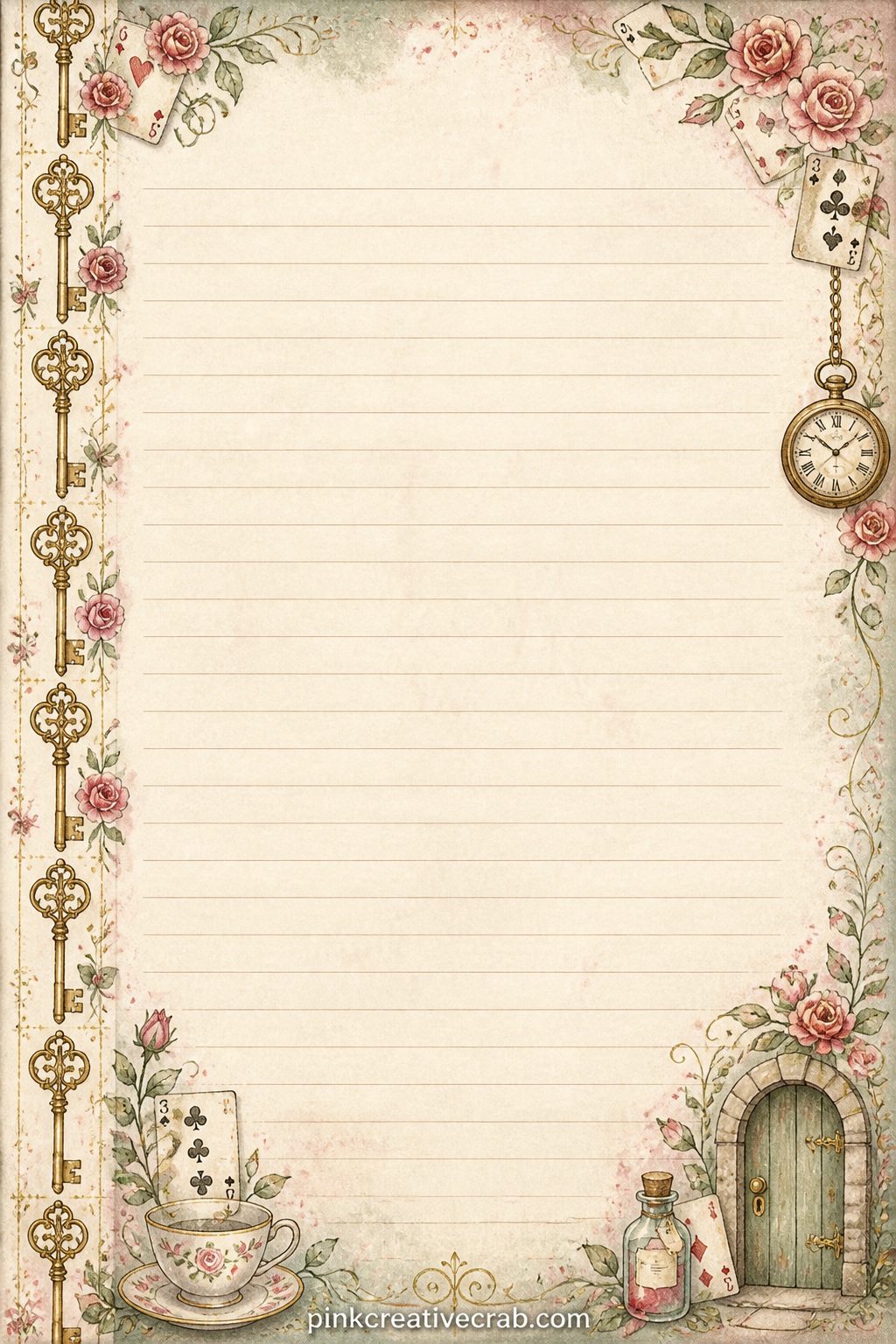 Golden Key Lined Page printable page — Thin band of golden keys runs down the left side, leaving room to write about a door you opened this year, a secret kept