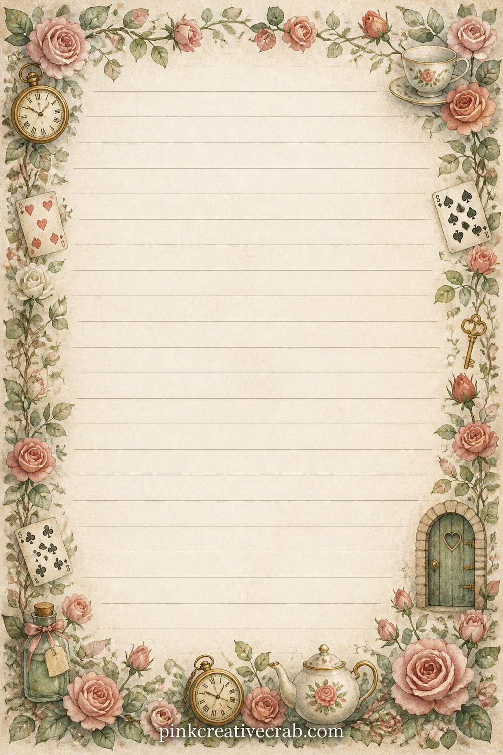 Rose Hedge Lined Page printable page — Frame of small painted roses runs around all four edges, with space inside for a gardening diary entry, a recipe using