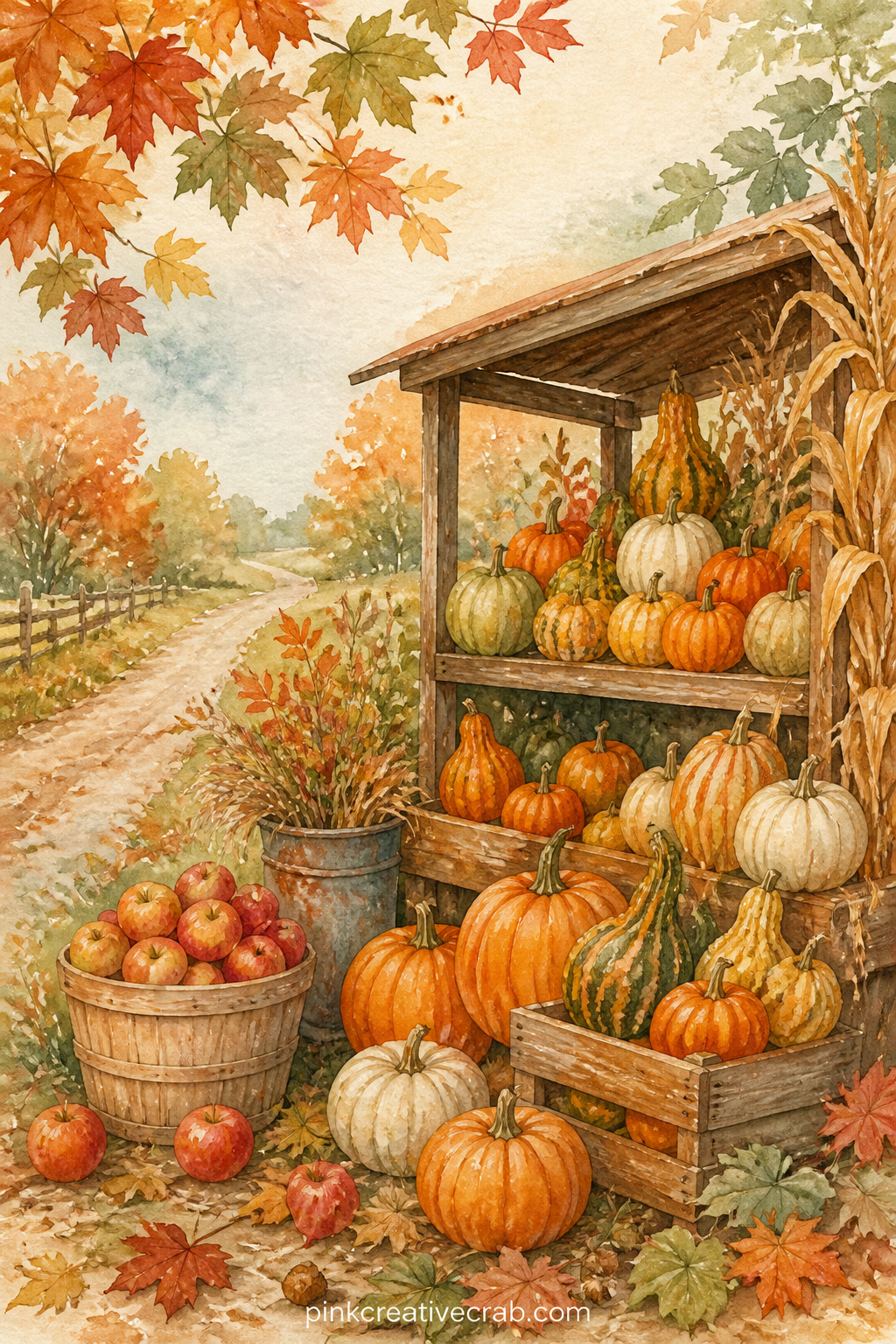 Pumpkin Stand By The Road printable page — Glue a small ticket stub or a handwritten price list onto this one, tucked beside the baskets of pumpkins so it
