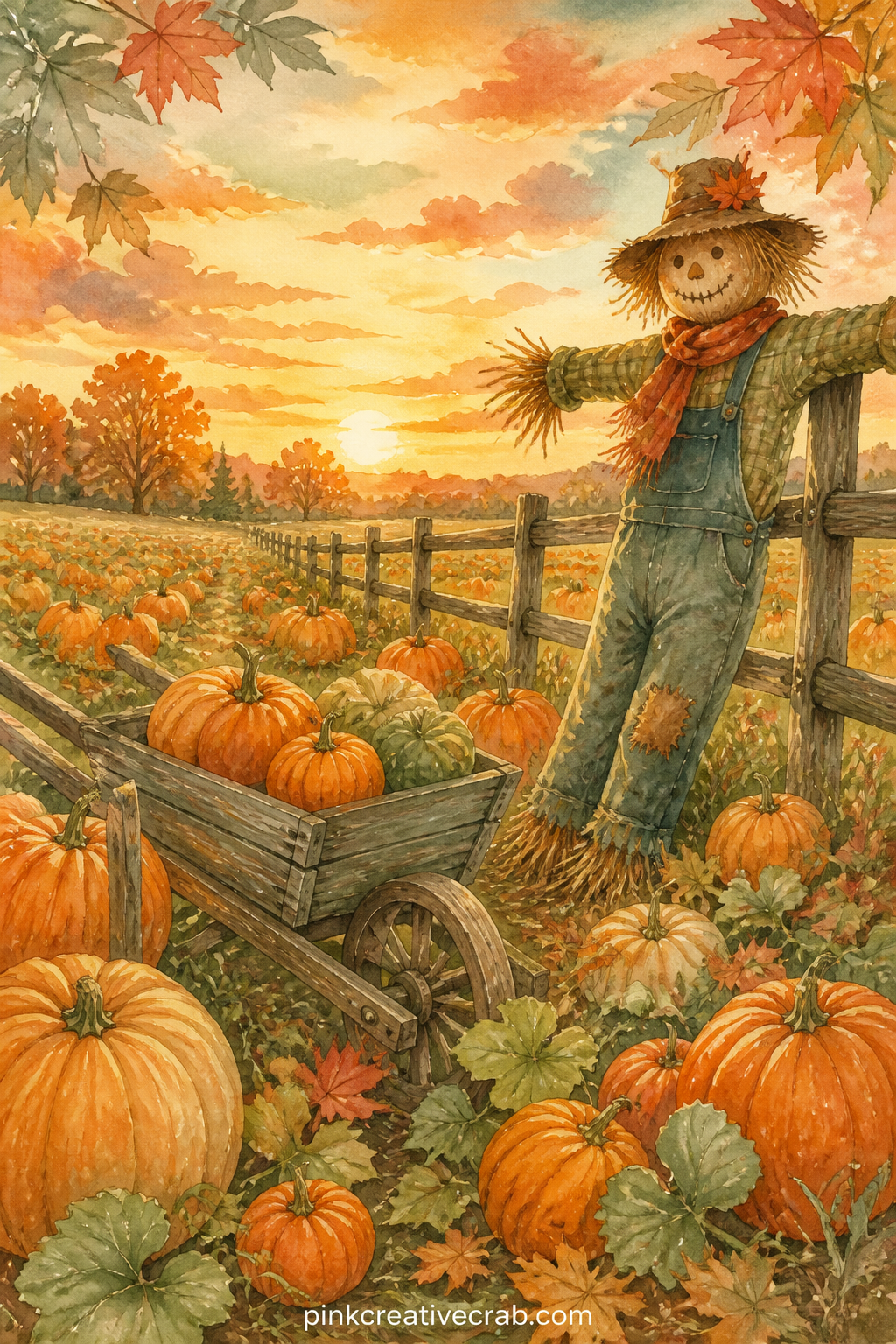 Pumpkin Patch At Golden Hour printable page — Rows of pumpkins stretch across a field under a low autumn sun, with a wheelbarrow, a scarecrow and a split rail