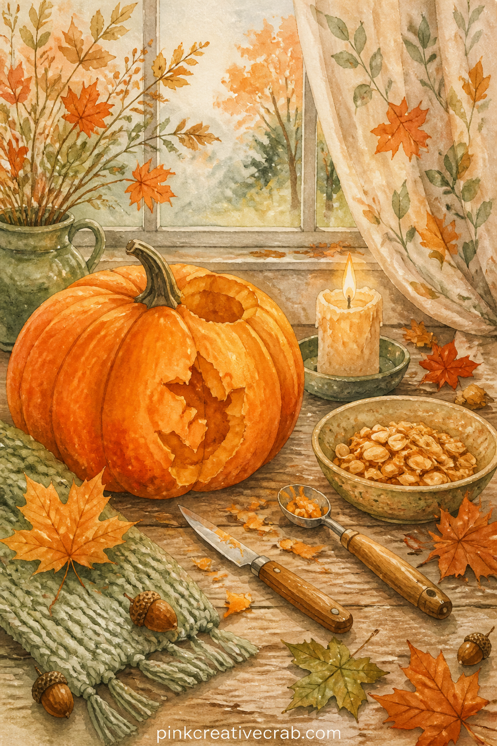 Carving Table With Tools printable page — Pair this page with the acorn pattern background a few pages on: glue a strip of the pattern along the bottom edge