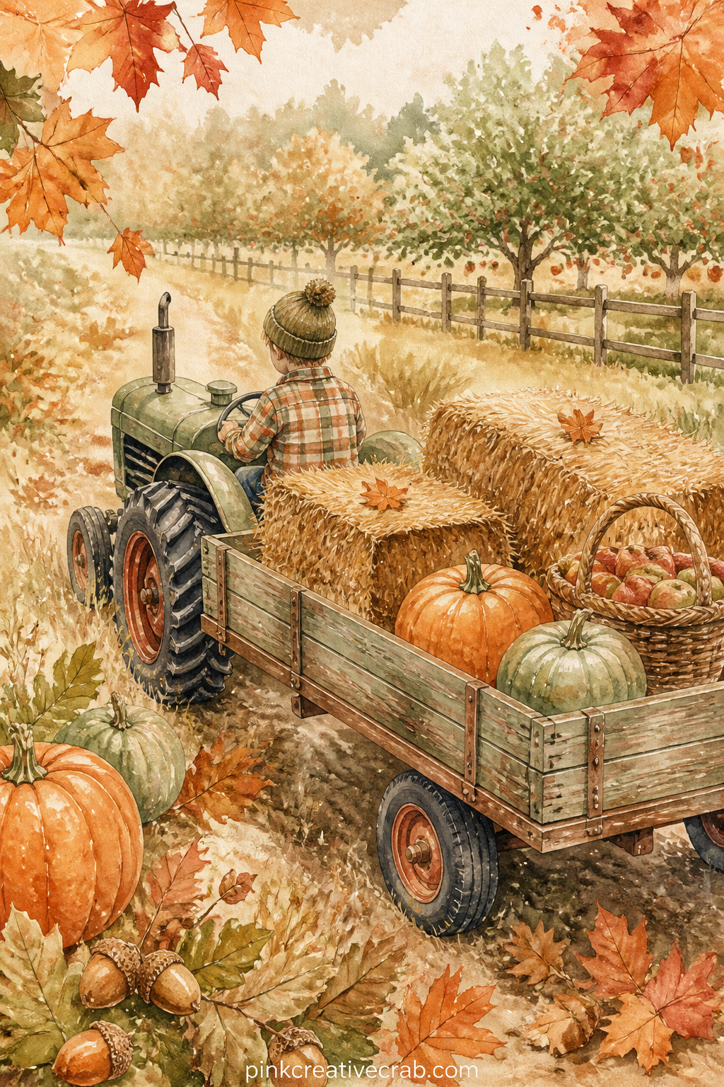 Child Riding A Hay Wagon printable page — A hay wagon pulled by a tractor carries baskets, a few loose pumpkins and a child's mitten dropped on the straw, with