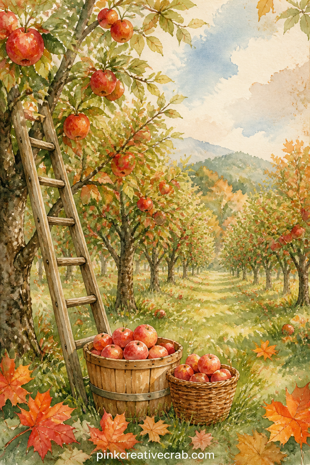 Apple Orchard With Ladders printable page — Rows of apple trees carry a wooden ladder leaned against one trunk, two baskets full of red apples on the ground