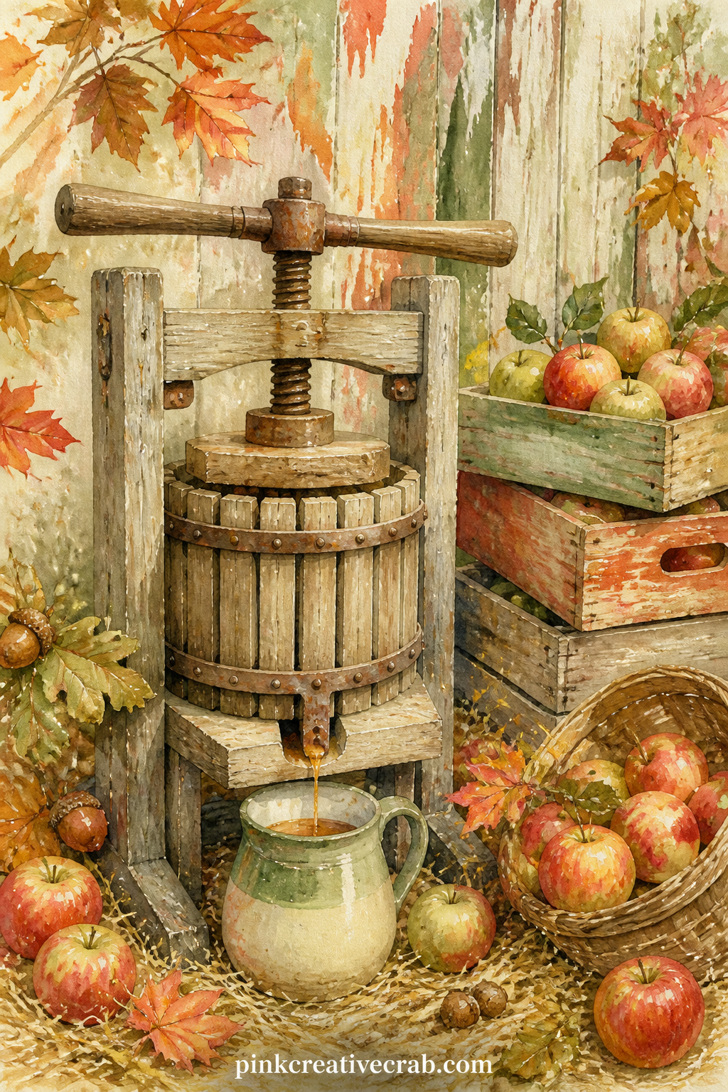 Cider Pressing Corner printable page — Tear the right edge of this page unevenly before gluing it in, so the barrel and press look like they spill off the