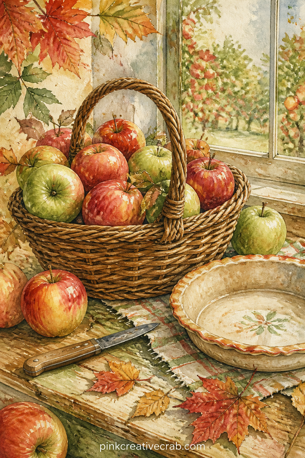 Basket Of Mixed Apples printable page — A woven basket overflows with red and green apples beside a paring knife and a small pie dish, set on a painted wooden