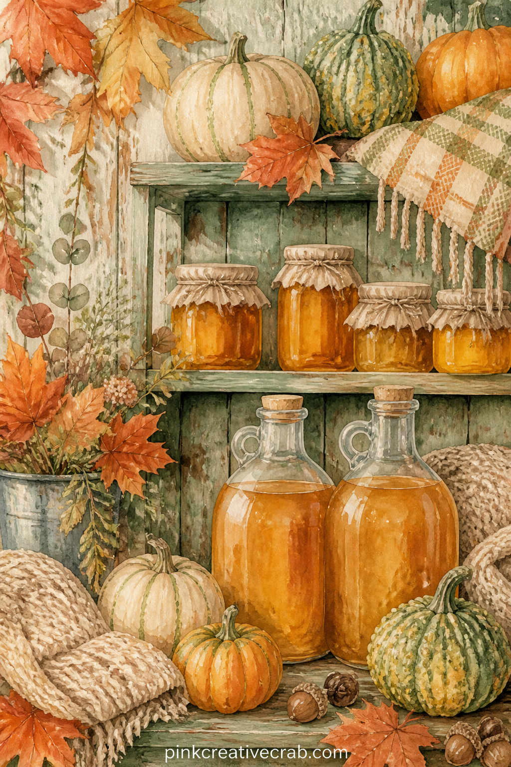 Farm Stand Honey And Cider printable page — The usual mistake with a busy stand page is crowding every jar edge to edge: leave a little painted shadow between