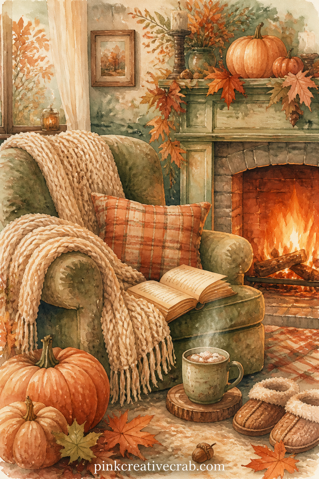 Cozy Armchair By The Fire printable page — A worn armchair sits beside a crackling fireplace, draped in a knitted blanket, with a mug of cocoa, an open book