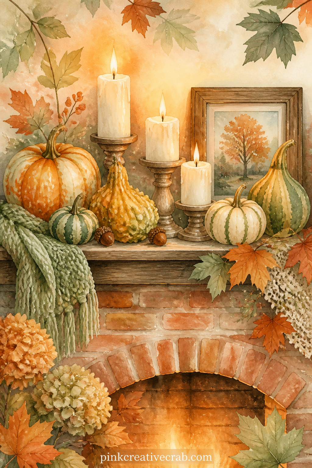 Mantel With Candles And Gourds printable page — A wooden mantel holds three lit candles, a row of small gourds and a framed autumn photo, painted brick