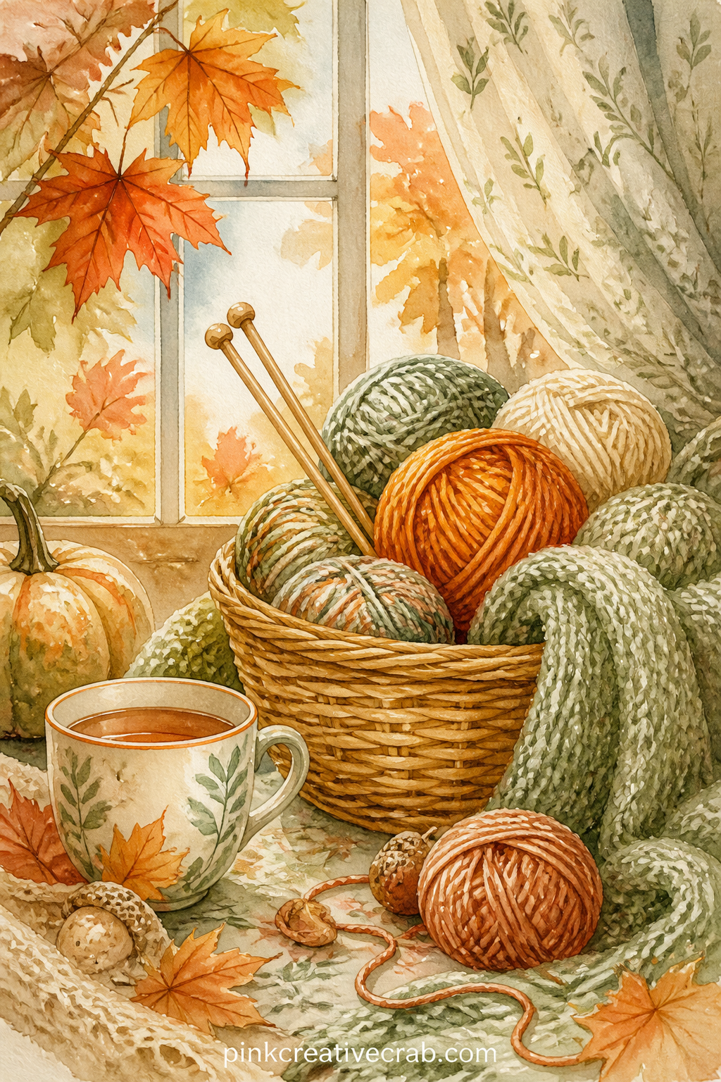 Knitting Basket By The Window printable page — For the five minute version of this page, paint just the basket of yarn and one knitting needle loosely, letting
