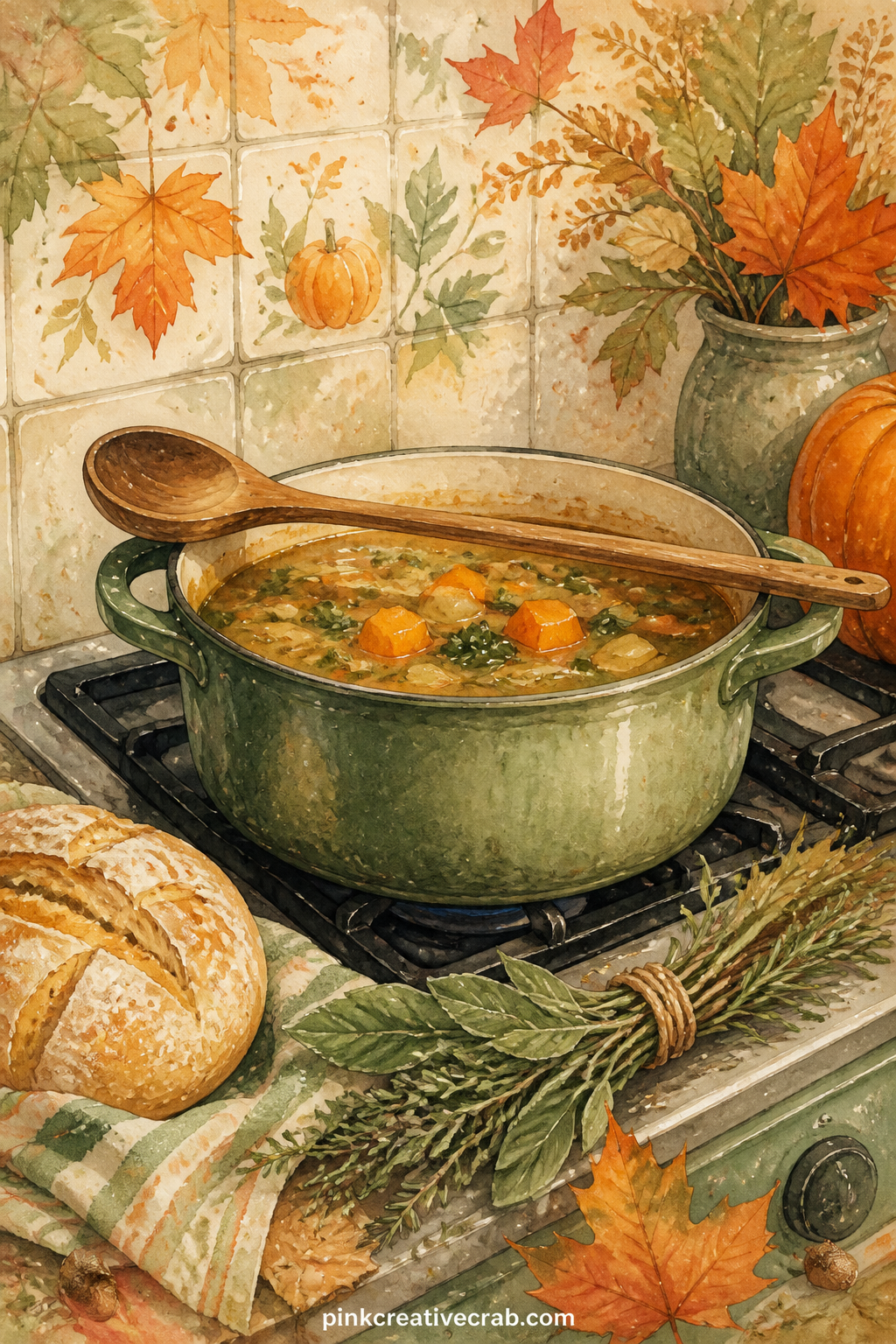 Soup Pot On The Stove printable page — A heavy pot simmers on the stovetop with a wooden spoon resting across it, a bundle of herbs and a loaf of bread nearby