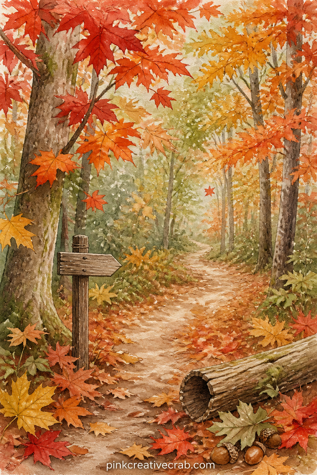 Forest Path Of Maple Leaves printable page — A narrow dirt path winds through tall maple trees, scattered with fallen leaves in red and gold, a wooden signpost