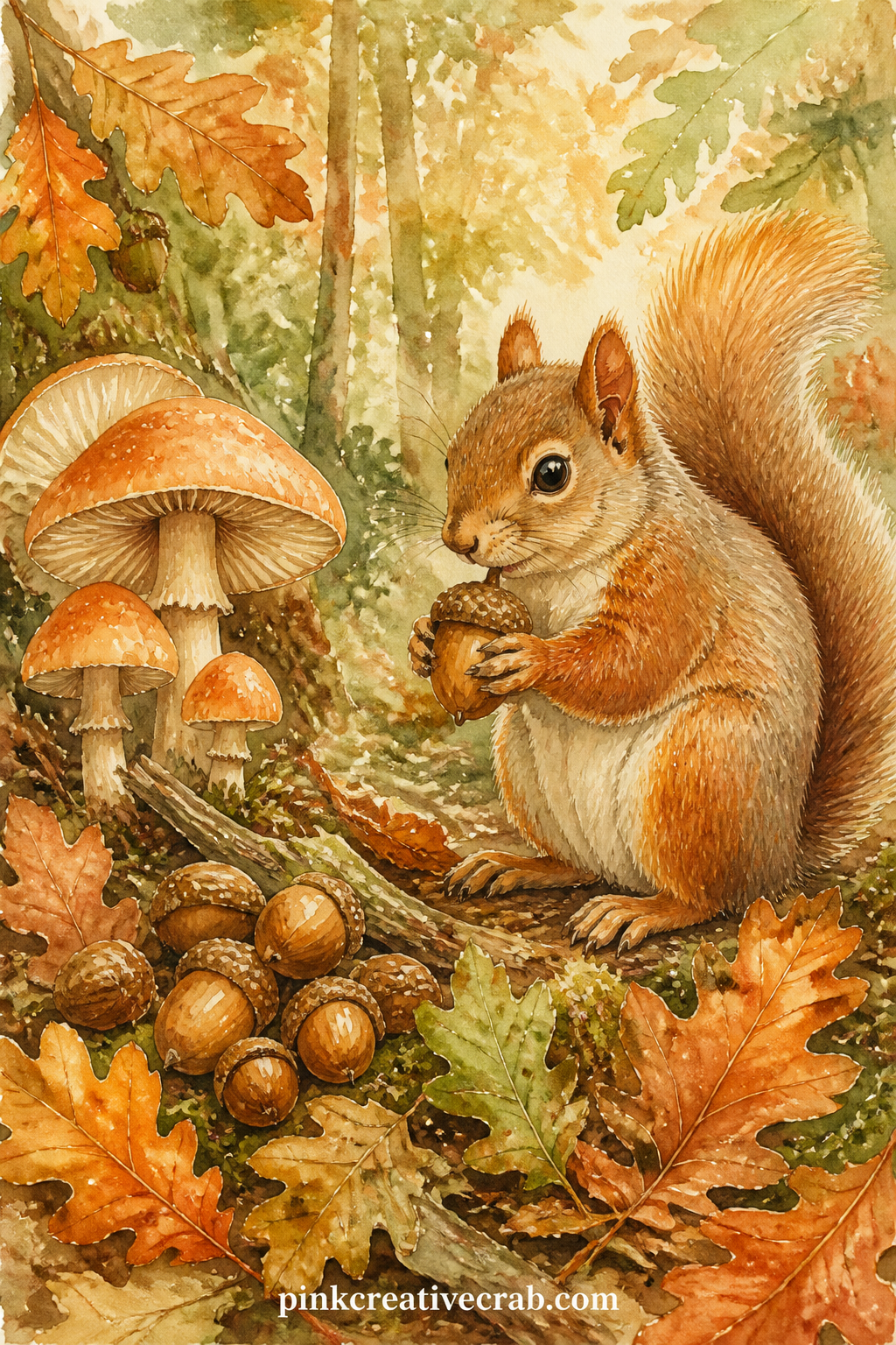Squirrel Gathering Acorns printable page — A squirrel pauses mid gather with an acorn in its paws, beside a small pile of nuts, a mushroom cluster and a patch
