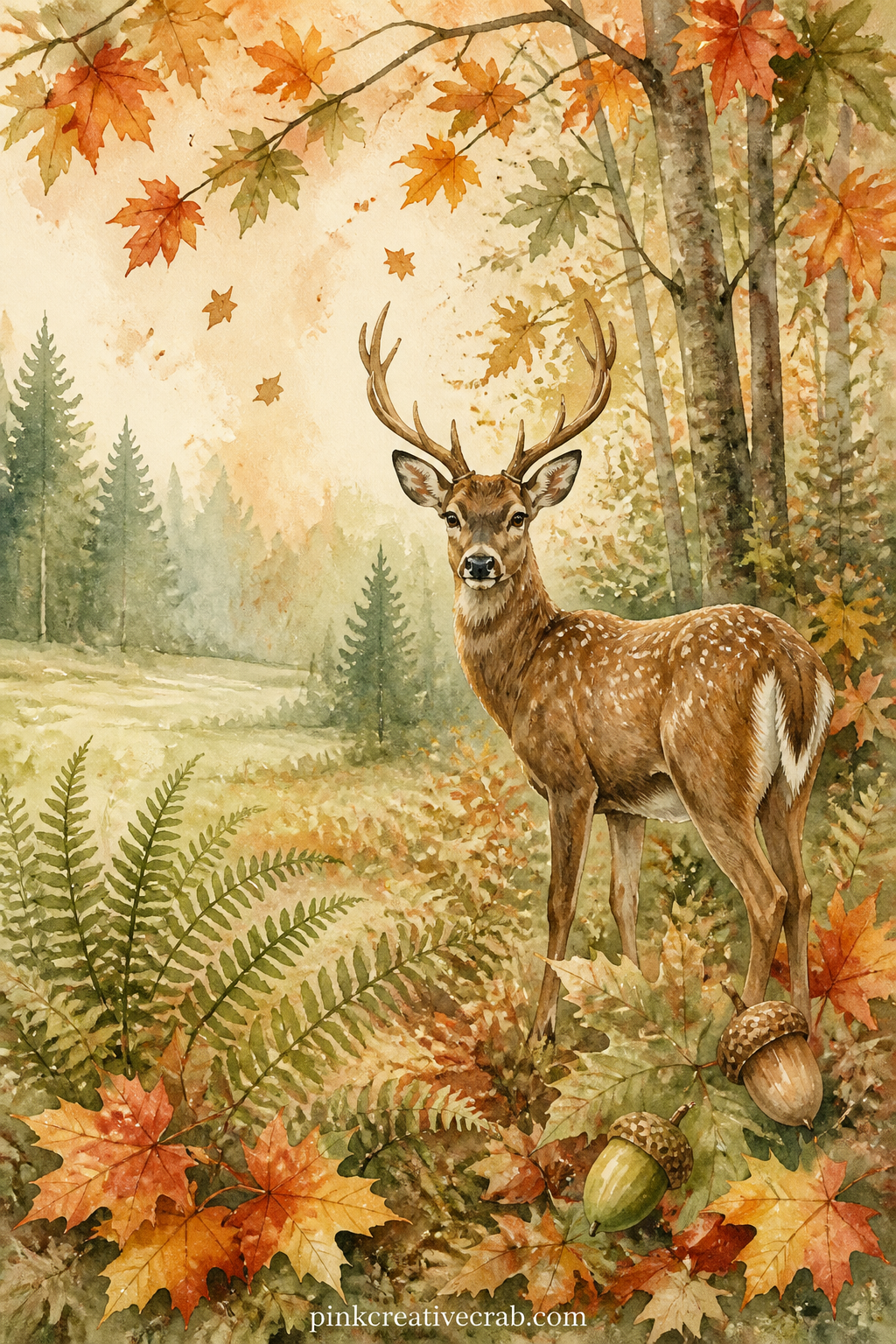 Deer At The Forest Edge printable page — How would you describe the hush of a forest in late autumn: write that answer along the bottom of this page beneath